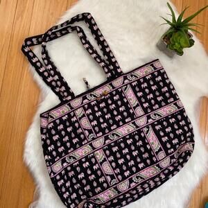 Black and Pink Patterned Tote Bag with Elephant Design